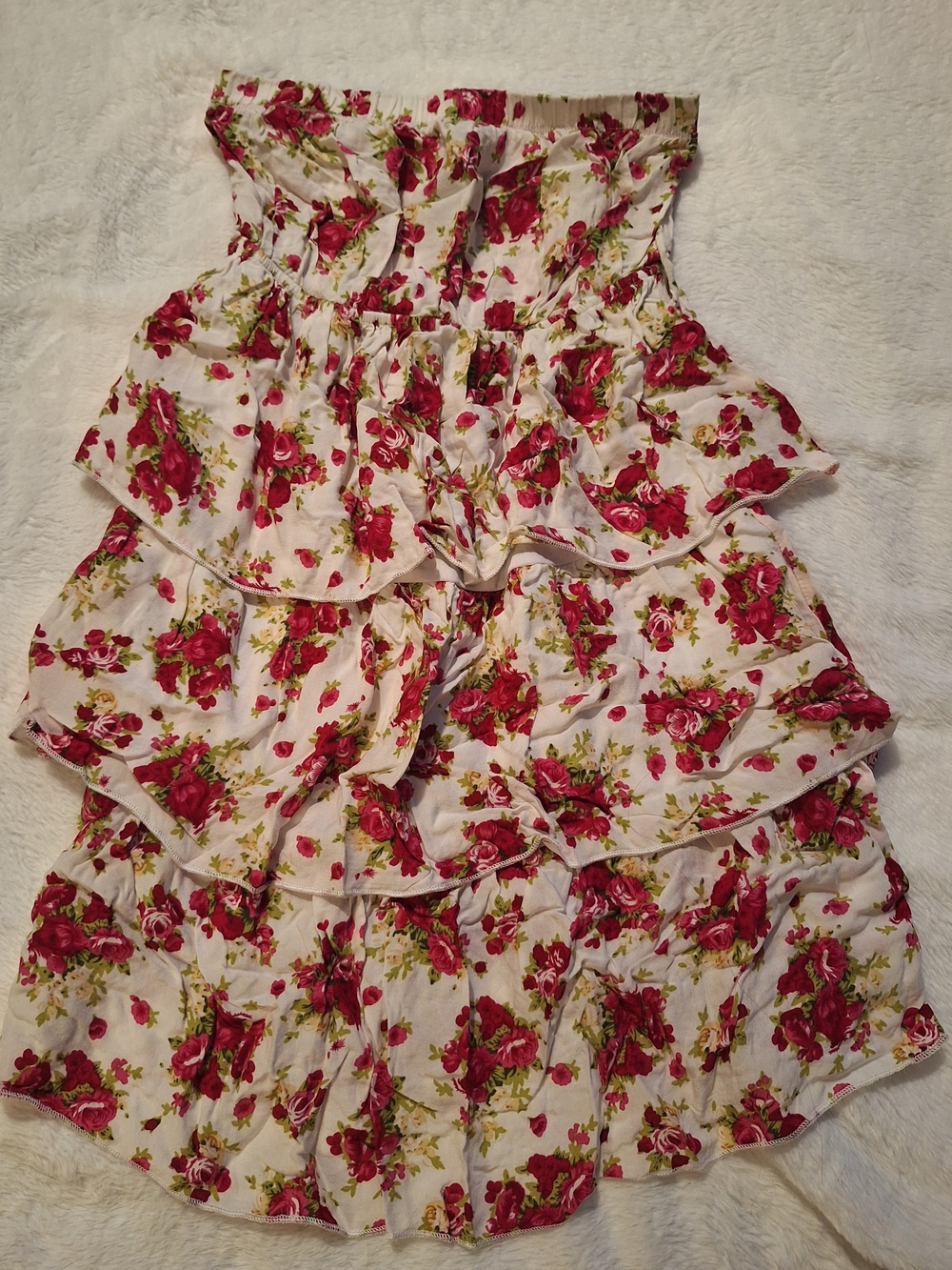 Rue21 White Floral Ruffle Tiered Sundress with Pink-Red Roses